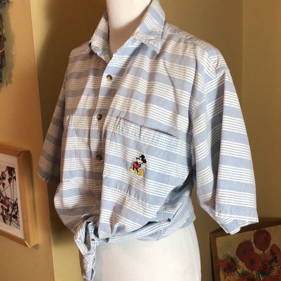 Vintage WALT DISNEY sz Medium Buttonfront Stripe Embroidered Mickey Mouse Cotton - Picture 2 of 16